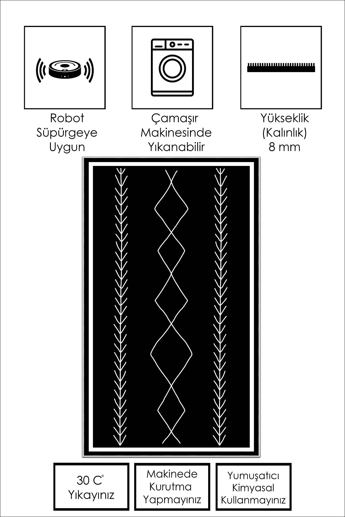 West Home Dijital Baskılı Yıkanabilir Kaymaz Taban Salon, Mutfak ve Yolluk Halısı-394 Black