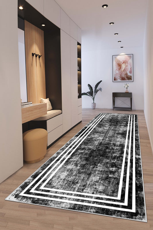 West Home Dijital Baskılı Yıkanabilir Kaymaz Taban Salon, Mutfak ve Yolluk Halısı-413 Black