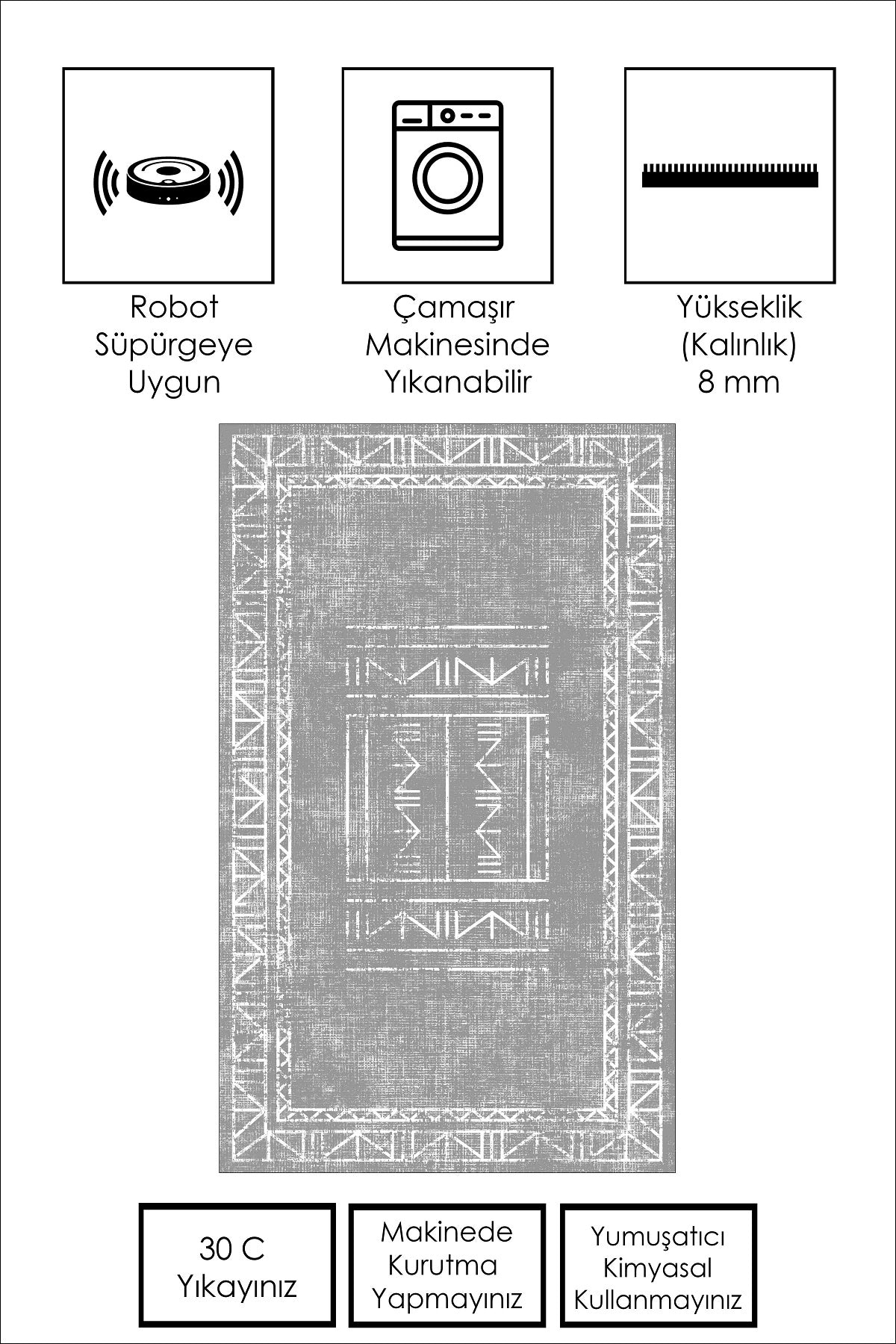 West Home Dijital Baskılı Yıkanabilir Kaymaz Taban Salon, Mutfak ve Yolluk Halısı-435 Grey