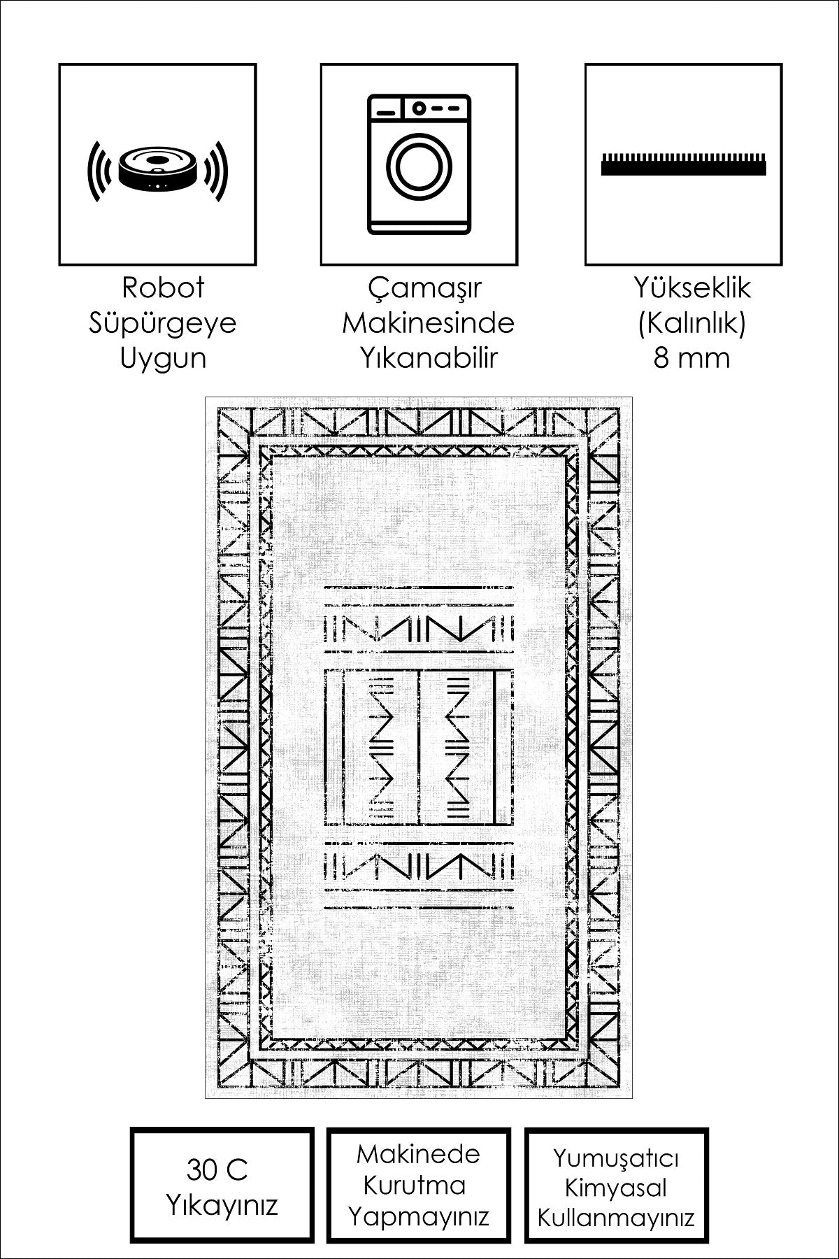 West Home Dijital Baskılı Yıkanabilir Kaymaz Taban Salon, Mutfak ve Yolluk Halısı-435 White