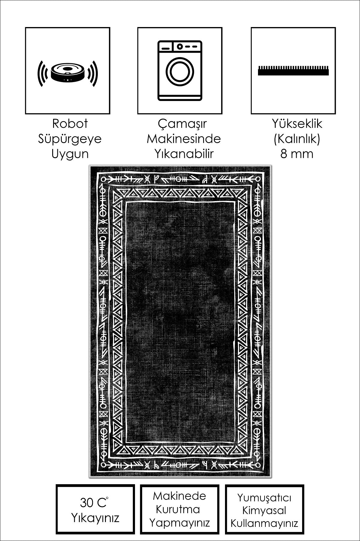 West Home Dijital Baskılı Yıkanabilir Kaymaz Taban Salon, Mutfak ve Yolluk Halısı-440 Black