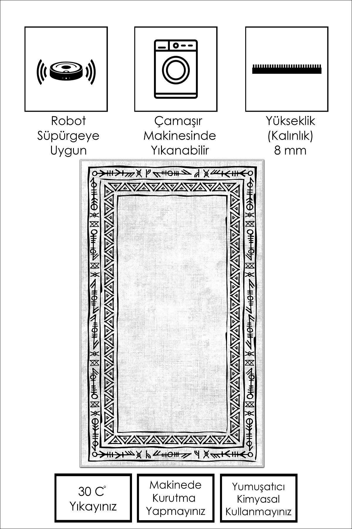 West Home Dijital Baskılı Yıkanabilir Kaymaz Taban Salon, Mutfak ve Yolluk Halısı-440 White