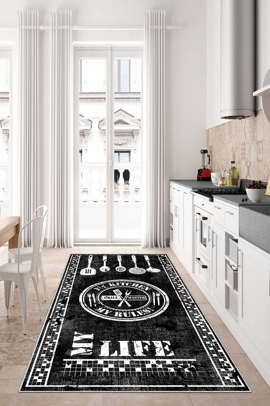 West Home Dijital Baskılı Yıkanabilir Kaymaz Taban Mutfak Halısı-442 Black