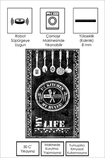 West Home Dijital Baskılı Yıkanabilir Kaymaz Taban Mutfak Halısı-442 Black