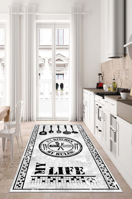 West Home Dijital Baskılı Yıkanabilir Kaymaz Taban Mutfak Halısı-442 White
