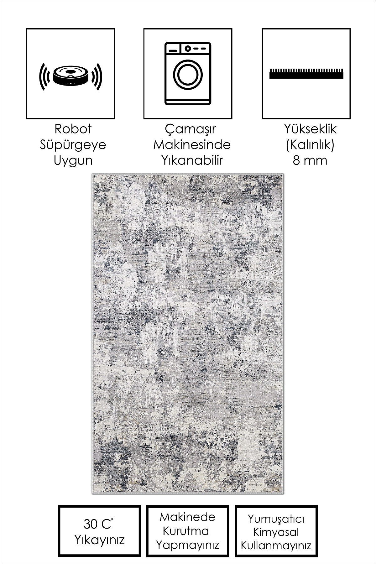 West Home Dijital Baskılı Yıkanabilir Kaymaz Taban Salon, Mutfak ve Yolluk Halısı-456 Grey