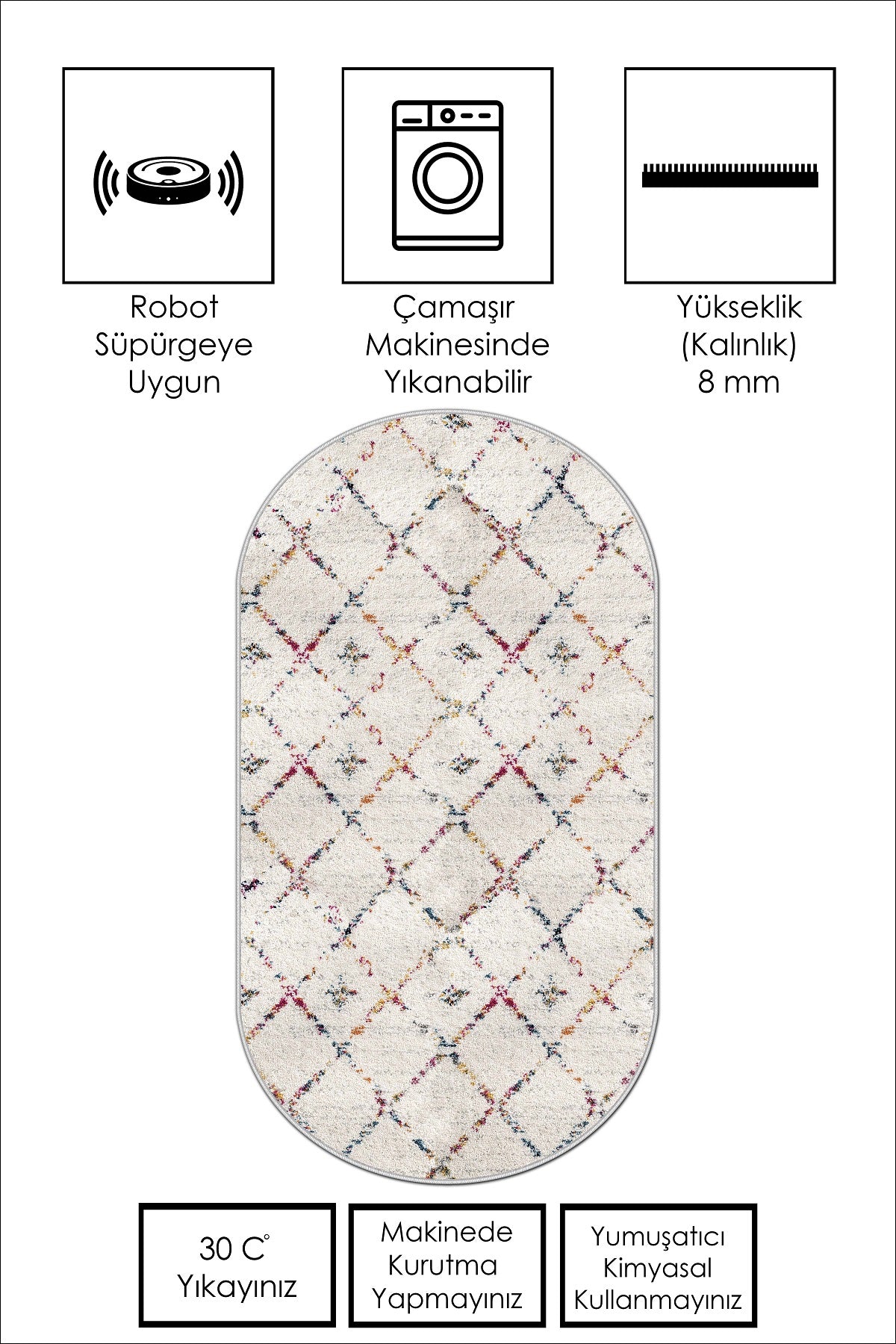 West Home Dijital Baskılı Yıkanabilir Kaymaz Taban Salon, Mutfak ve Yolluk Halısı-464 White