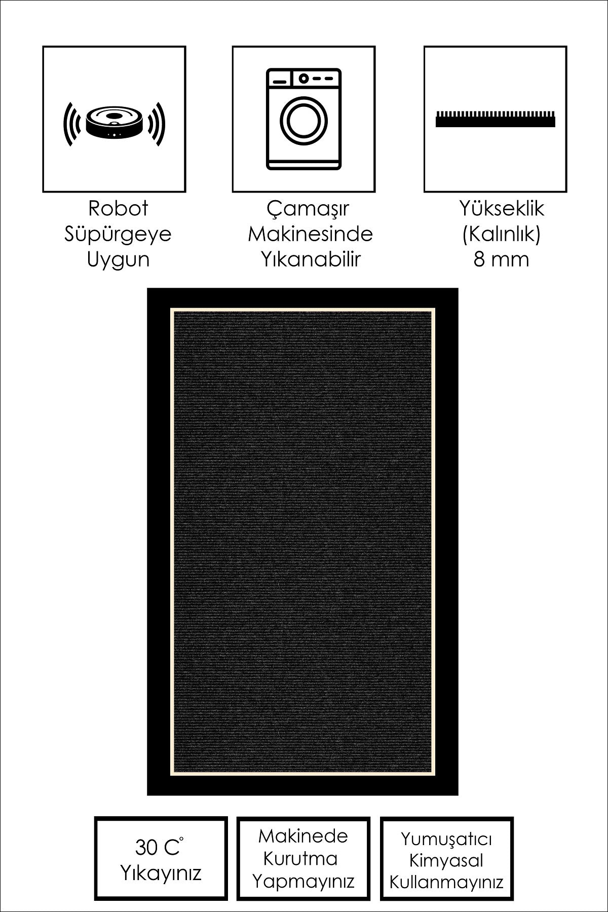 West Home Dijital Baskılı Yıkanabilir Kaymaz Taban Salon, Mutfak ve Yolluk Halısı-478 Black