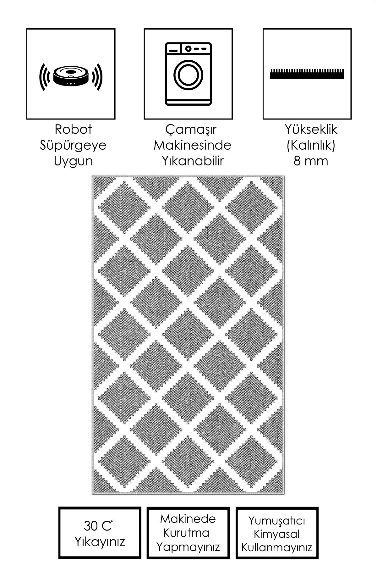 West Home Dijital Baskılı Yıkanabilir Kaymaz Taban Salon, Mutfak ve Yolluk Halısı-481 Grey