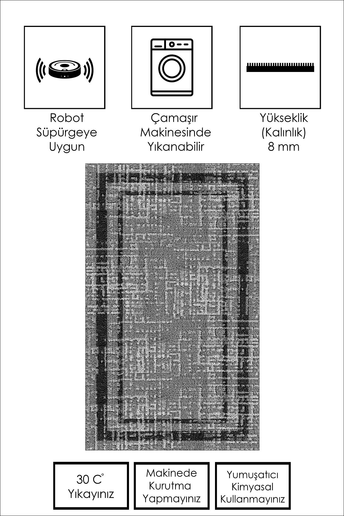 West Home Dijital Baskılı Yıkanabilir Kaymaz Taban Salon, Mutfak ve Yolluk Halısı-487 Grey