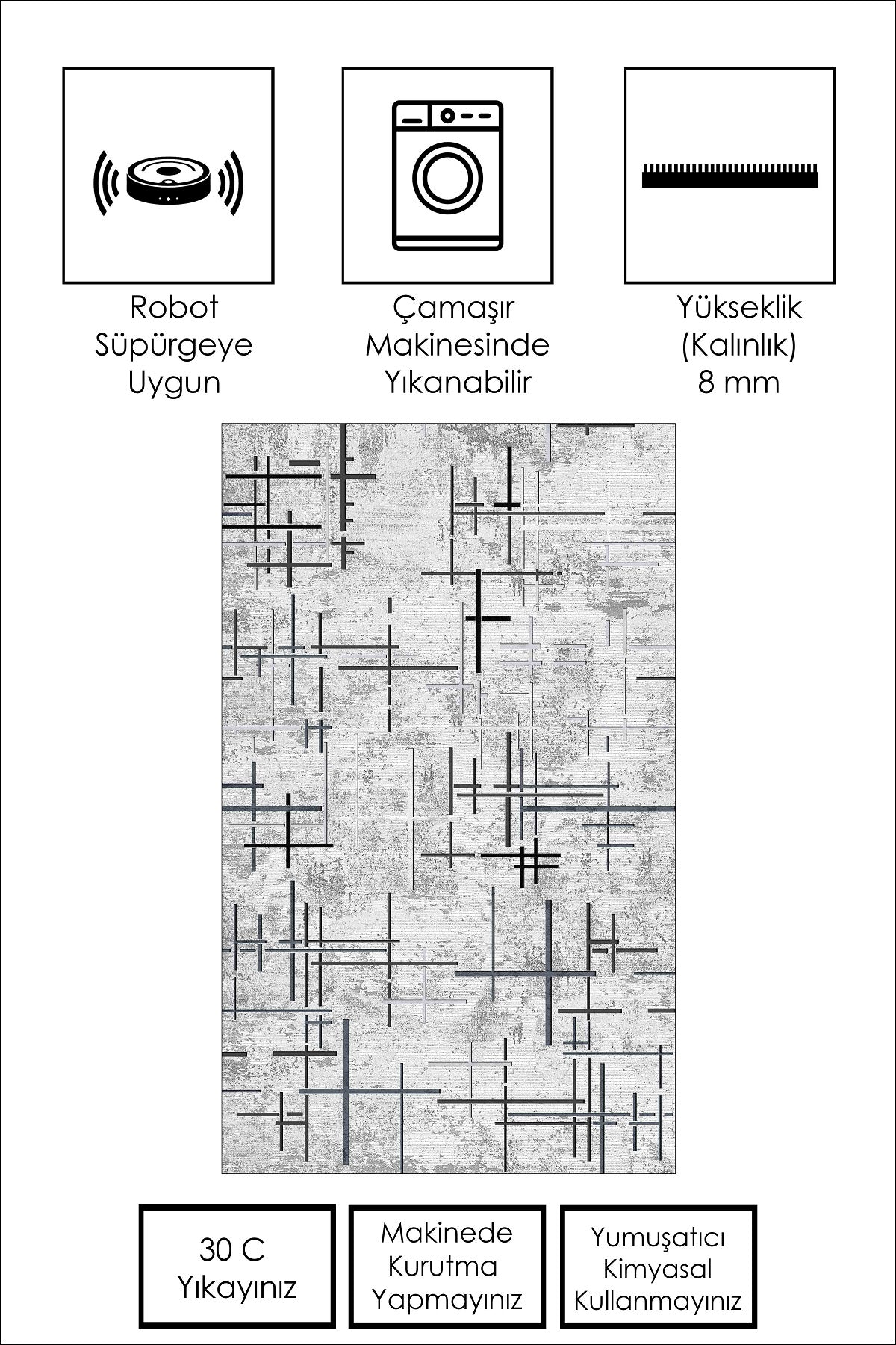 West Home Dijital Baskılı Yıkanabilir Kaymaz Taban Salon, Mutfak ve Yolluk Halısı-488 Grey