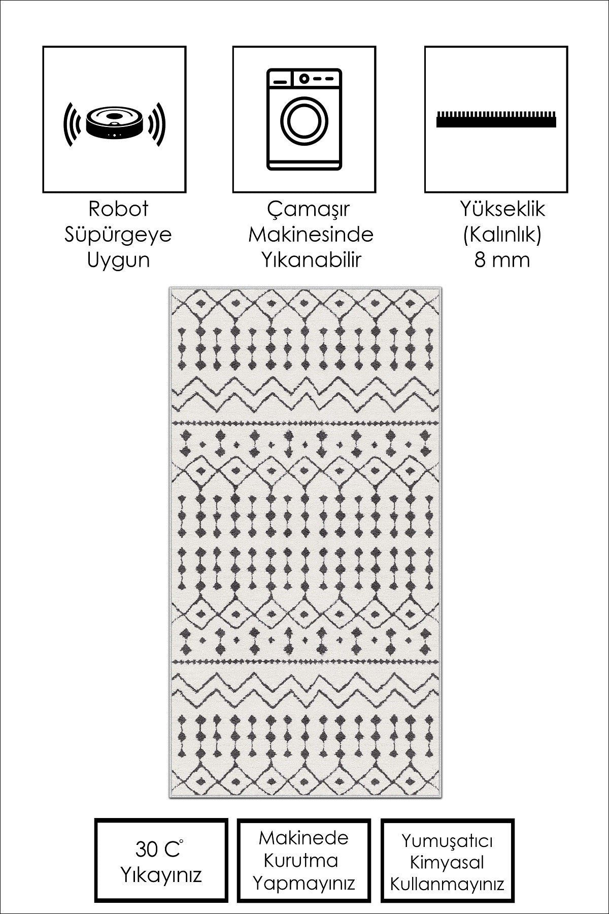 West Home Dijital Baskılı Yıkanabilir Kaymaz Taban Salon, Mutfak ve Yolluk Halısı-491 White