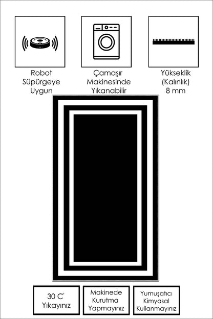 West Home Dijital Baskılı Yıkanabilir Kaymaz Taban Salon, Mutfak ve Yolluk Halısı-496 Black