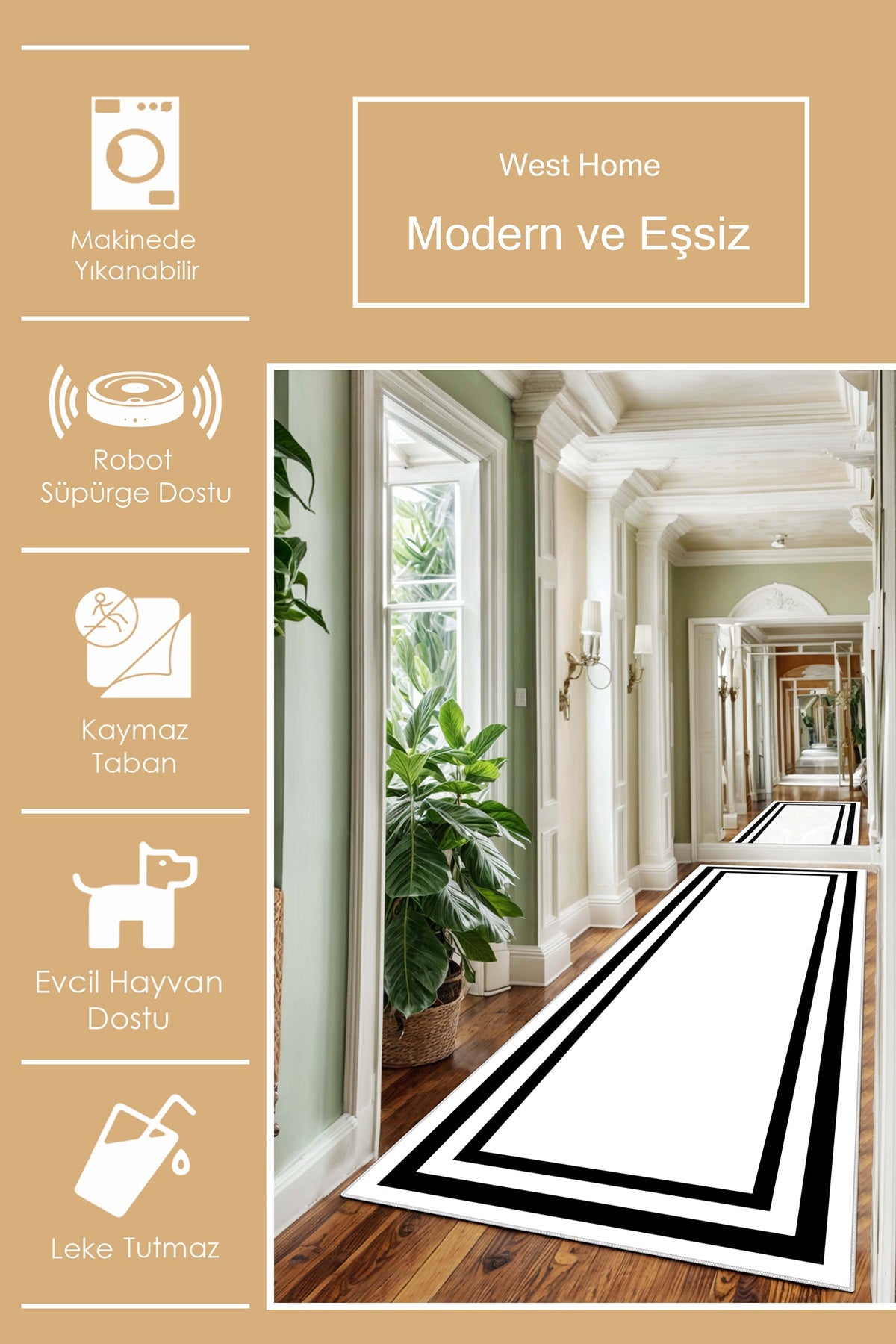 West Home Dijital Baskılı Yıkanabilir Kaymaz Taban Salon, Mutfak ve Yolluk Halısı-496 White