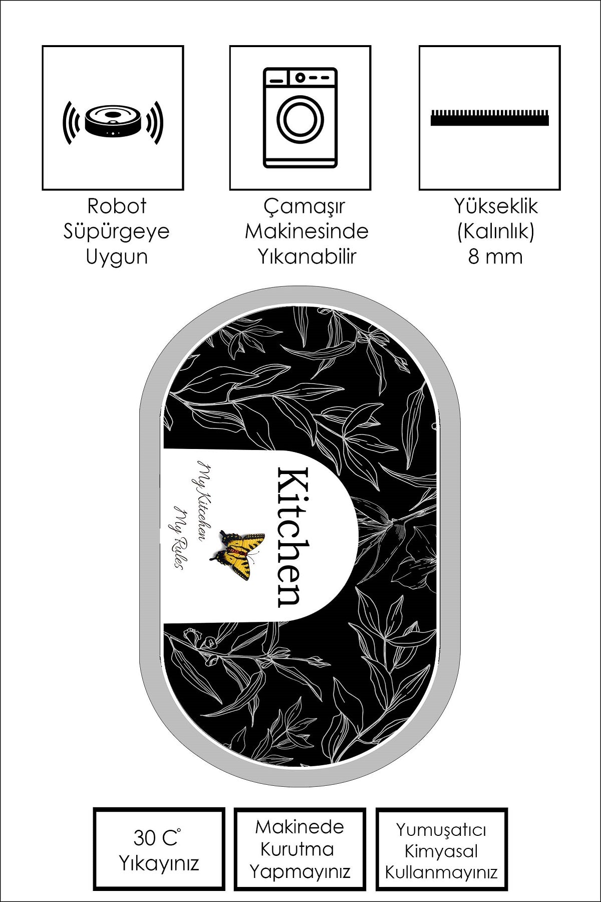 West Home Dijital Baskılı Yıkanabilir Kaymaz Taban Mutfak Halısı-528 Black