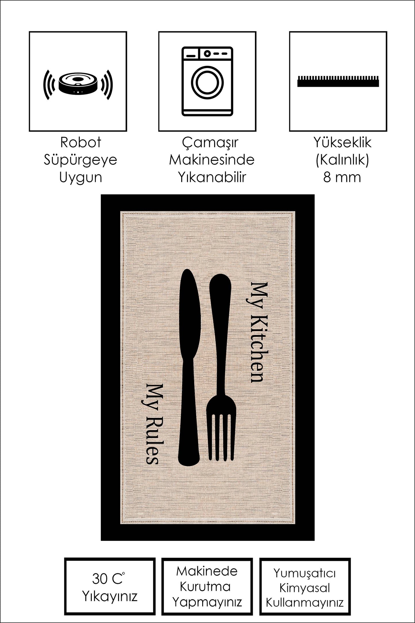 West Home Dijital Baskılı Yıkanabilir Kaymaz Taban Mutfak Halısı-532 Black