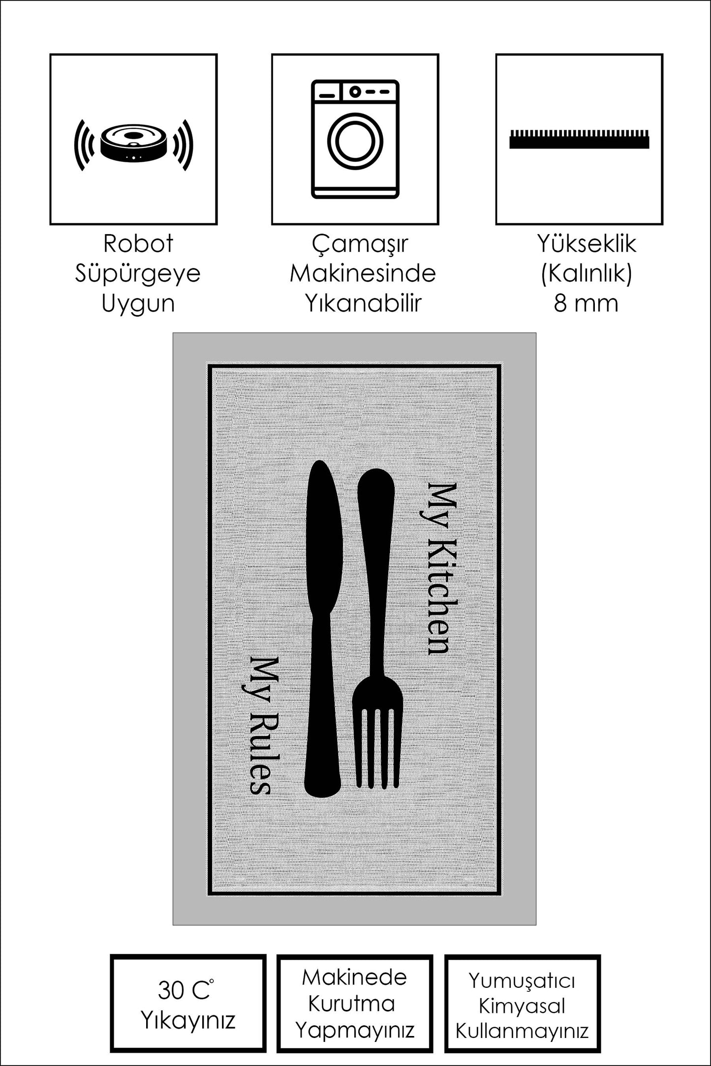 West Home Dijital Baskılı Yıkanabilir Kaymaz Taban Mutfak Halısı-532 Grey