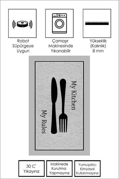 West Home Dijital Baskılı Yıkanabilir Kaymaz Taban Mutfak Halısı-532 Grey