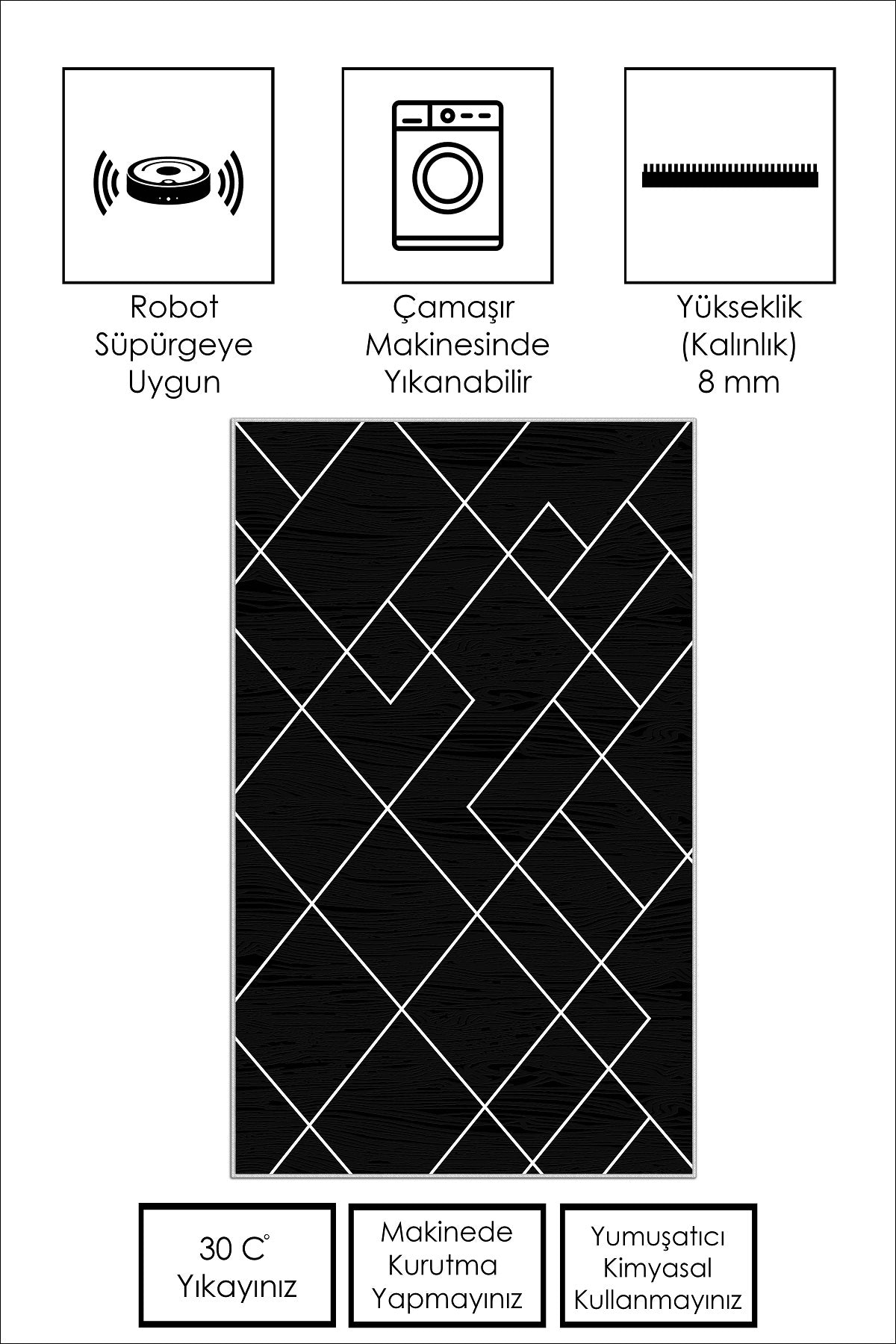 West Home Dijital Baskılı Yıkanabilir Kaymaz Taban Salon, Mutfak ve Yolluk Halısı-533 Black