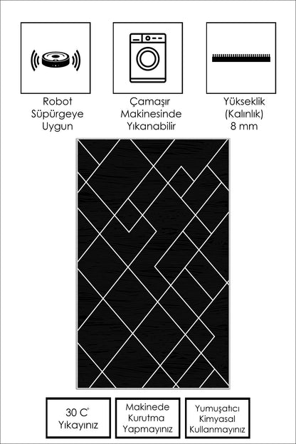 West Home Dijital Baskılı Yıkanabilir Kaymaz Taban Salon, Mutfak ve Yolluk Halısı-533 Black