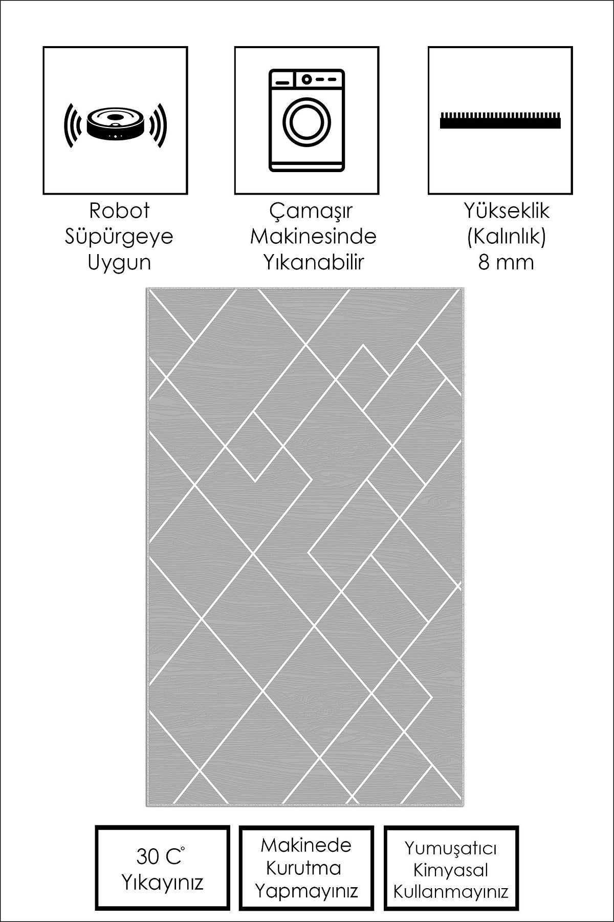 West Home Dijital Baskılı Yıkanabilir Kaymaz Taban Salon, Mutfak ve Yolluk Halısı-533 Grey