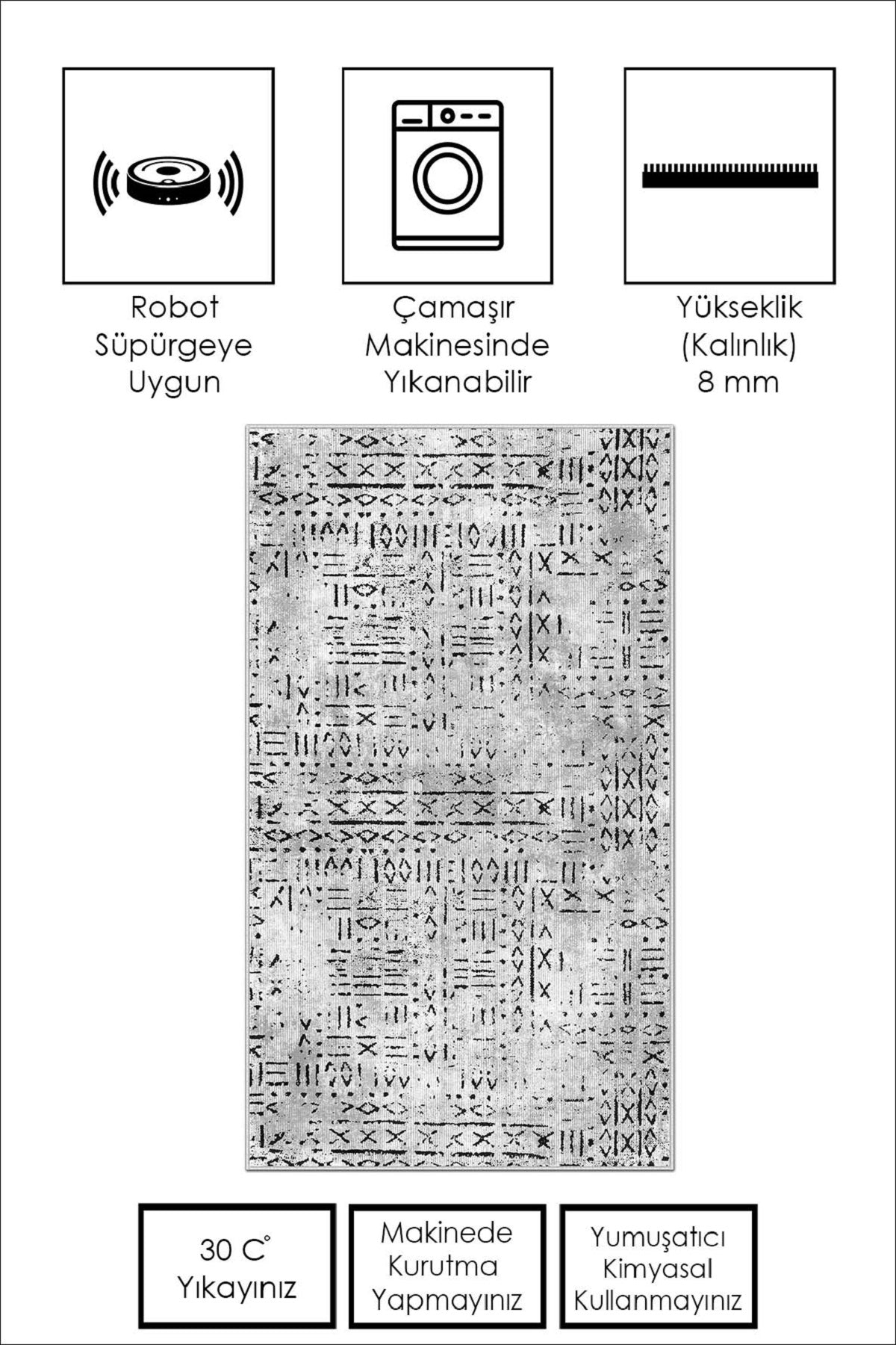 West Home Dijital Baskılı Yıkanabilir Kaymaz Taban Salon, Mutfak ve Yolluk Halısı-548 Grey