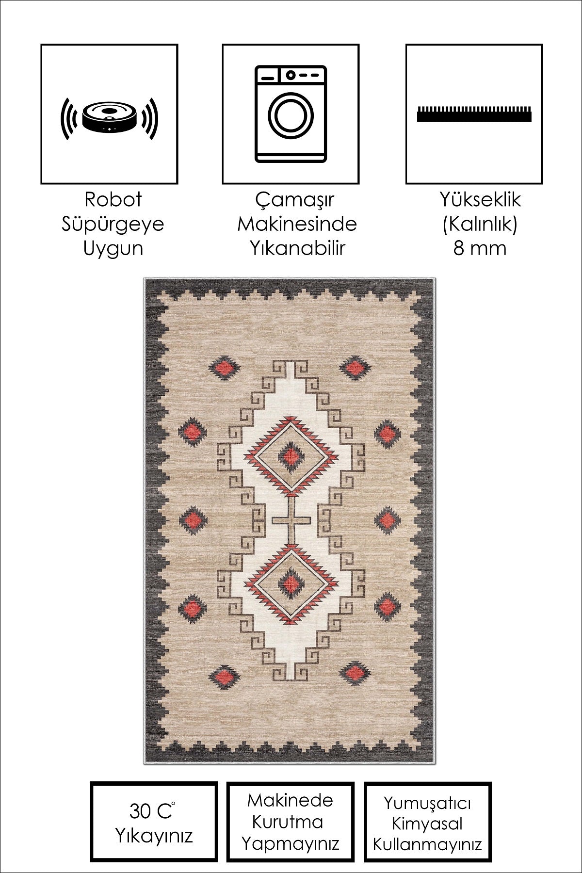 West Home Dijital Baskılı Yıkanabilir Kaymaz Taban Salon, Mutfak ve Yolluk Halısı-557 Beige
