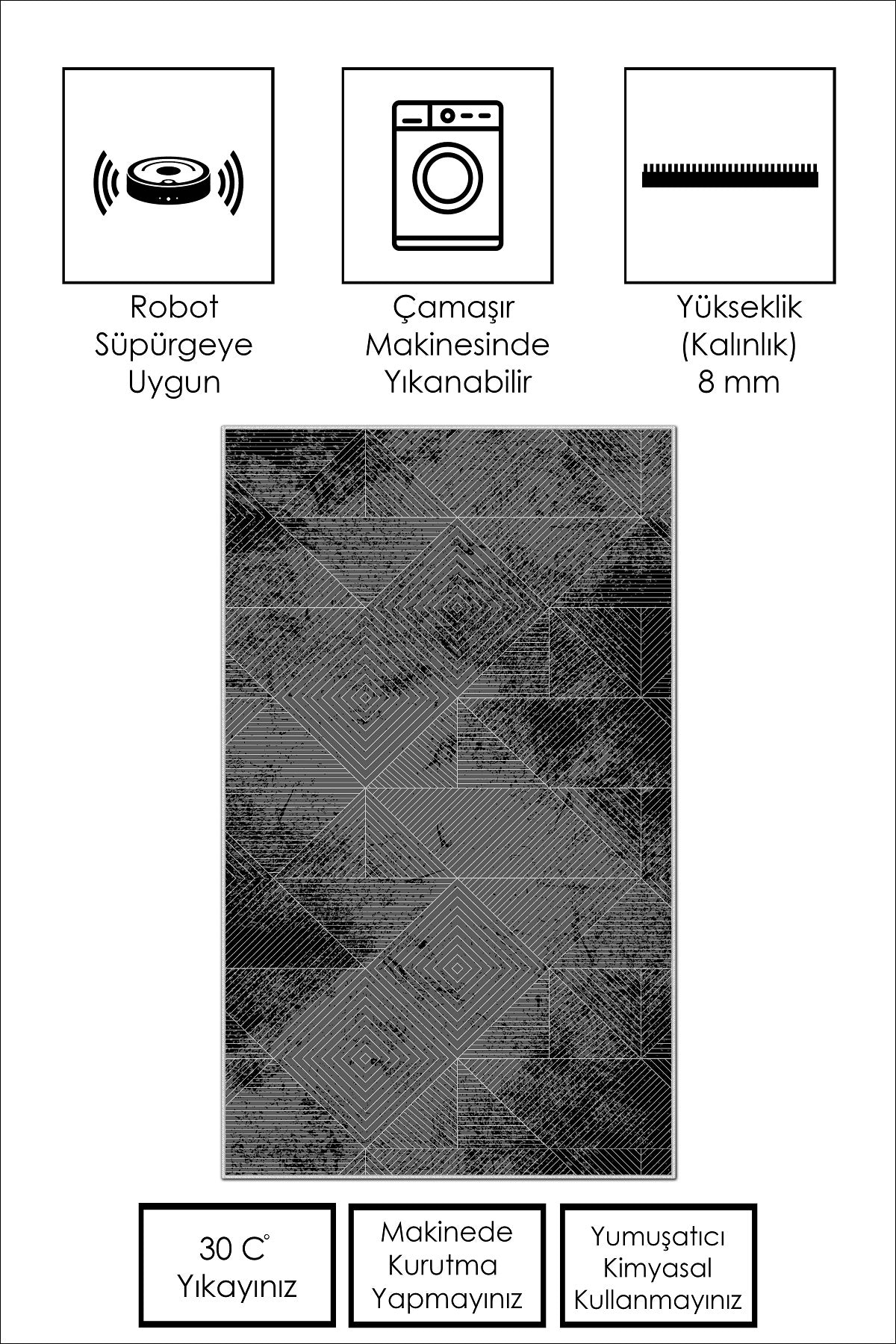 West Home Dijital Baskılı Yıkanabilir Kaymaz Taban Salon, Mutfak ve Yolluk Halısı-576 Black