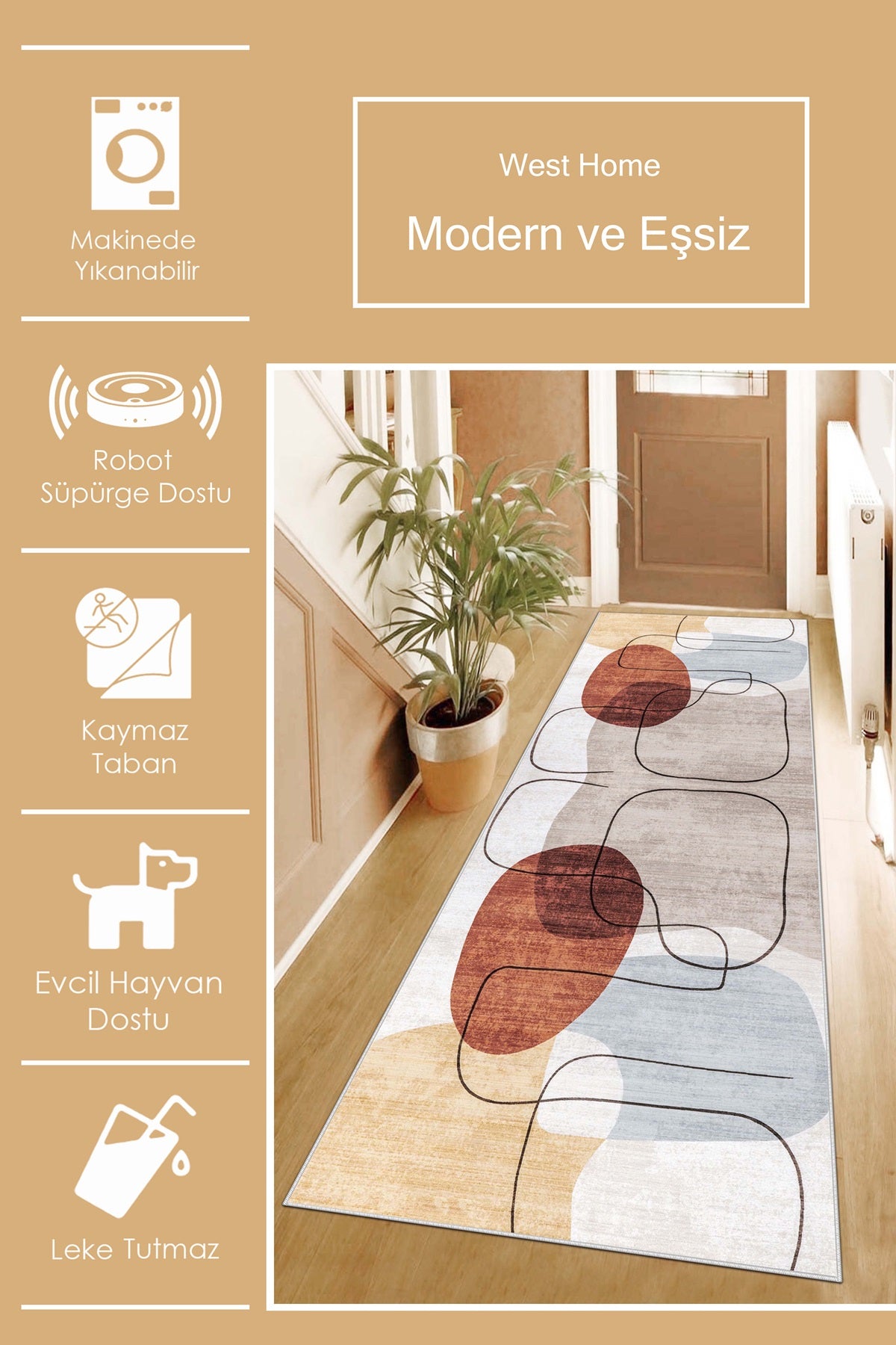 West Home Dijital Baskılı Yıkanabilir Kaymaz Taban Salon, Mutfak ve Yolluk Halısı-578 Multy