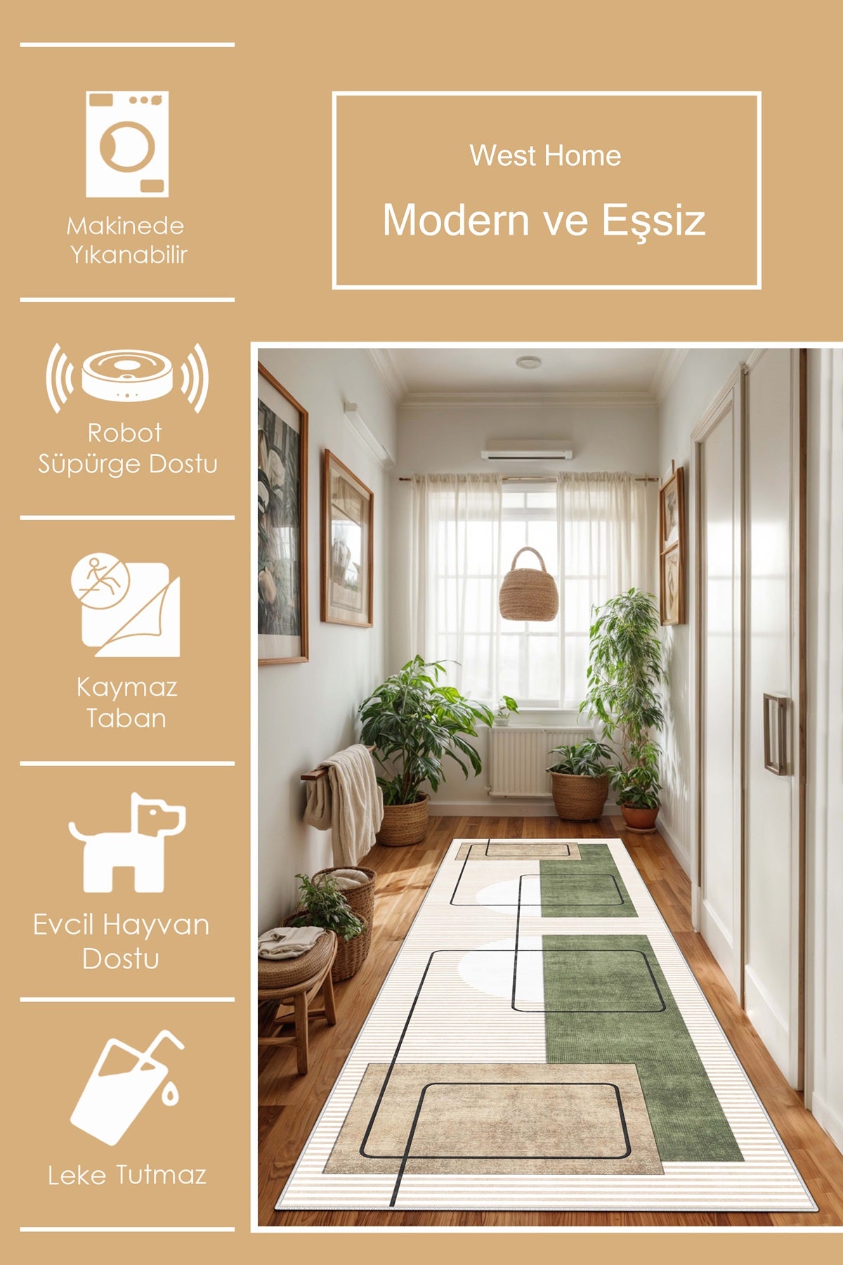 West Home Dijital Baskılı Yıkanabilir Kaymaz Taban Salon, Mutfak ve Yolluk Halısı-579 Beige
