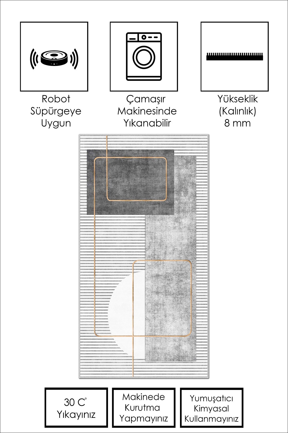West Home Dijital Baskılı Yıkanabilir Kaymaz Taban Salon, Mutfak ve Yolluk Halısı-579 Grey