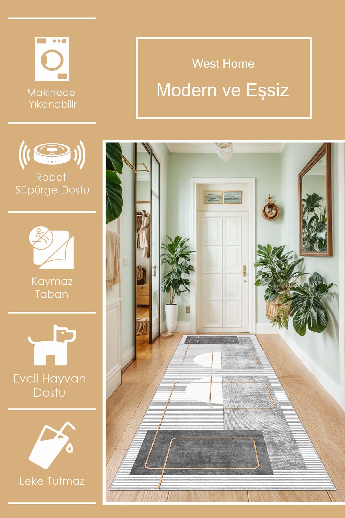 West Home Dijital Baskılı Yıkanabilir Kaymaz Taban Salon, Mutfak ve Yolluk Halısı-579 Grey