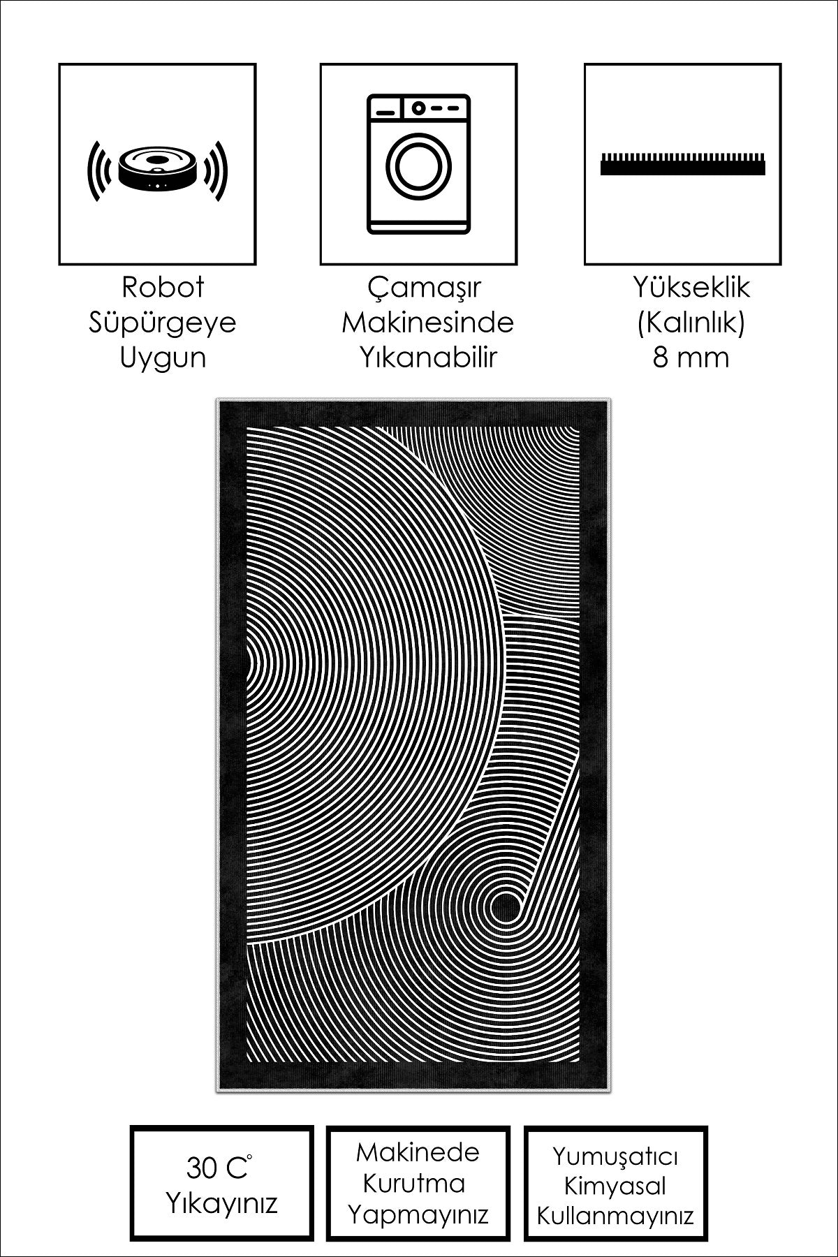 West Home Dijital Baskılı Yıkanabilir Kaymaz Taban Salon, Mutfak ve Yolluk Halısı-581 Black