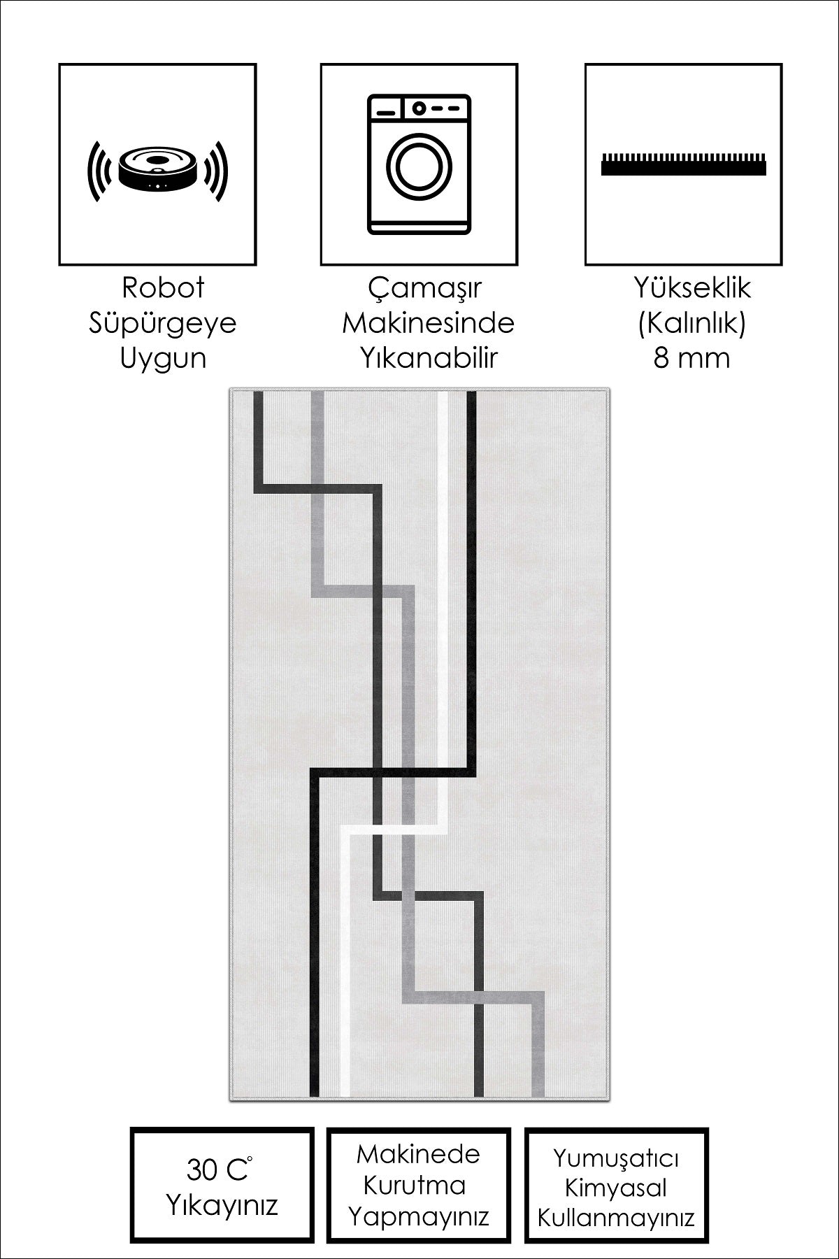 West Home Dijital Baskılı Yıkanabilir Kaymaz Taban Salon, Mutfak ve Yolluk Halısı-582 Grey