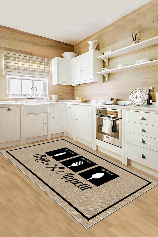 West Home Dijital Baskılı Yıkanabilir Kaymaz Taban Mutfak Halısı-583 Beige