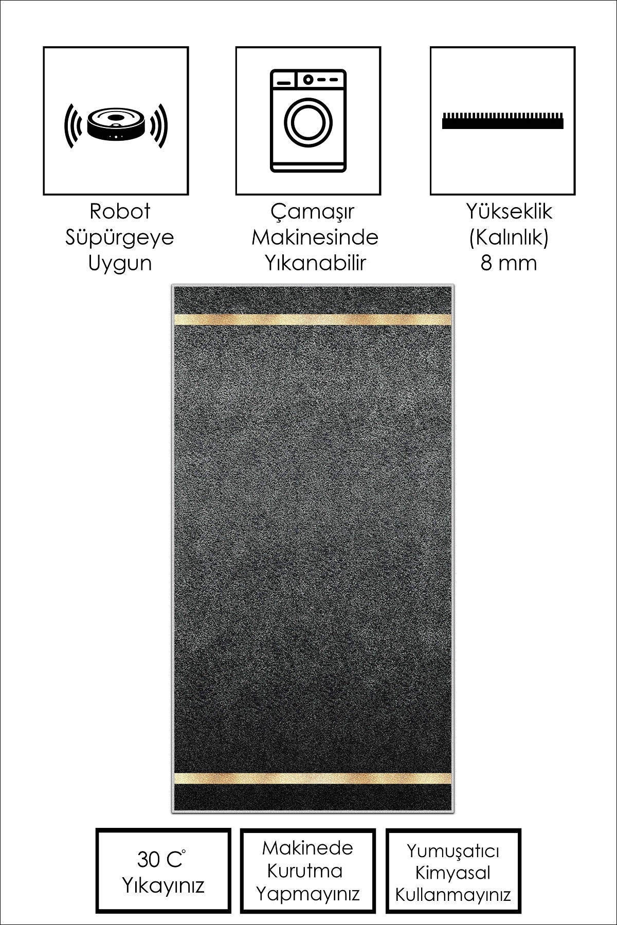 West Home Dijital Baskılı Yıkanabilir Kaymaz Taban Salon, Mutfak ve Yolluk Halısı-584 Grey