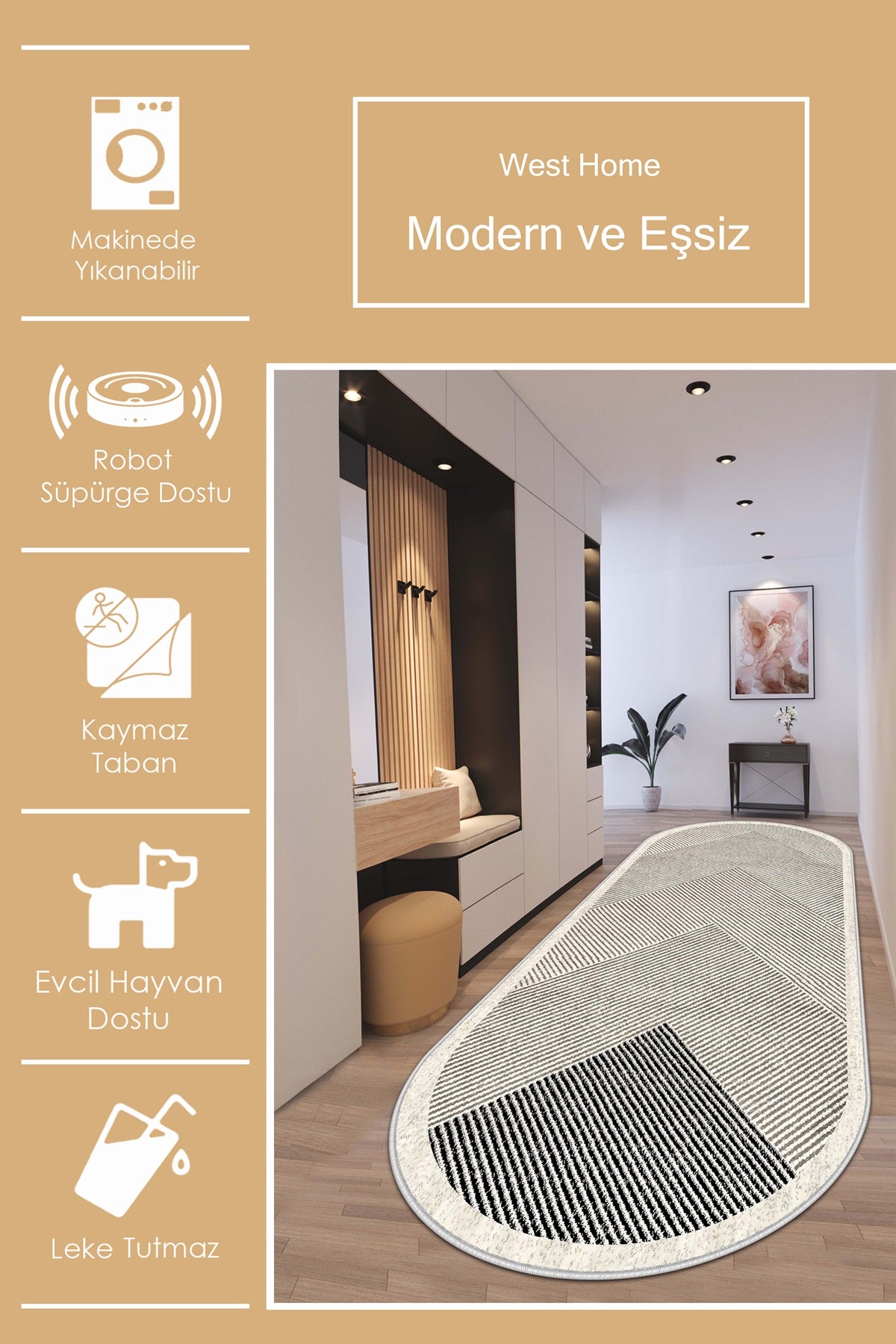 West Home Dijital Baskılı Yıkanabilir Kaymaz Taban Salon, Mutfak ve Yolluk Halısı-586 Beige