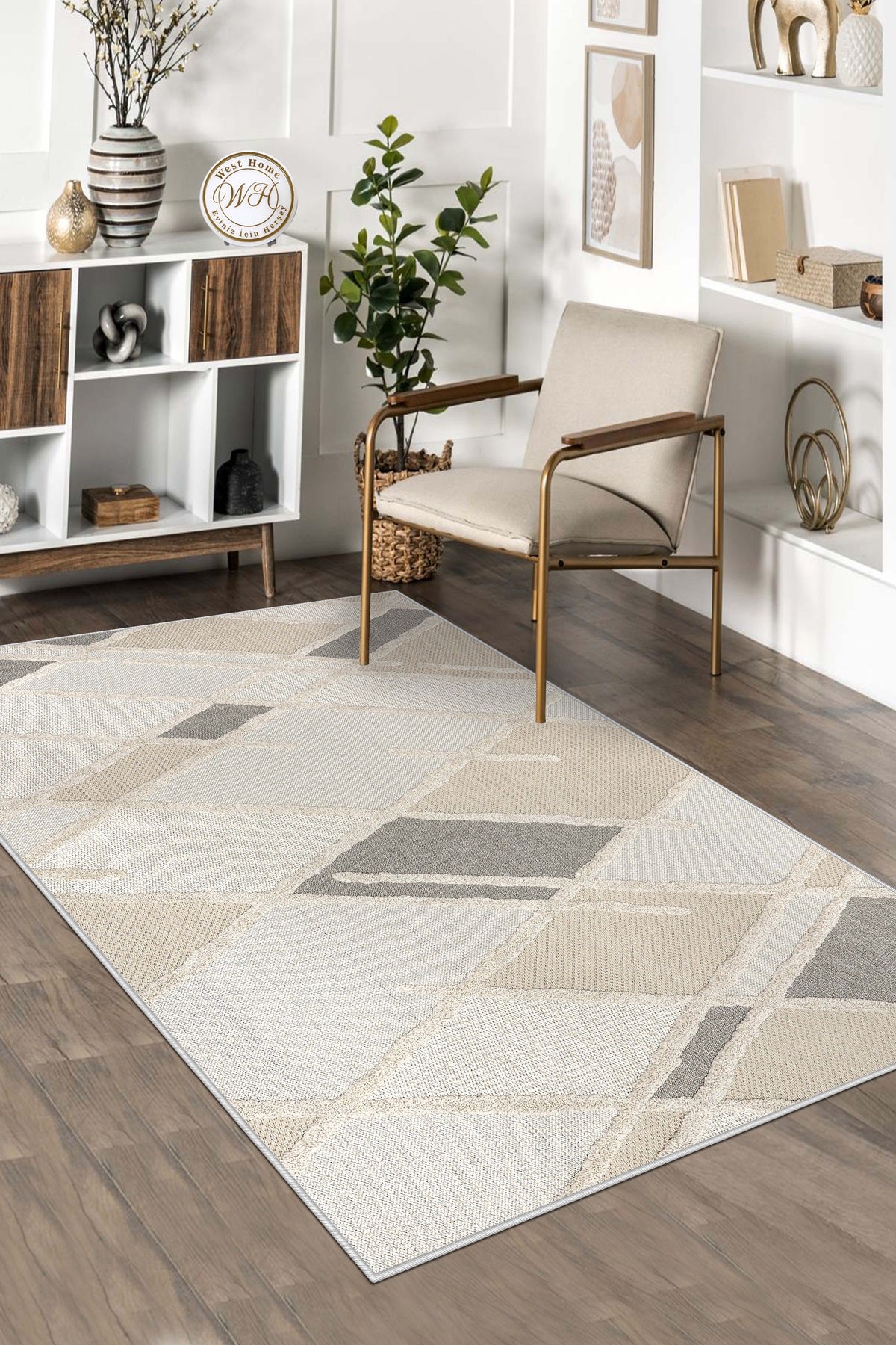 West Home Dijital Baskılı Yıkanabilir Kaymaz Taban Salon, Mutfak ve Yolluk Halısı-590 White