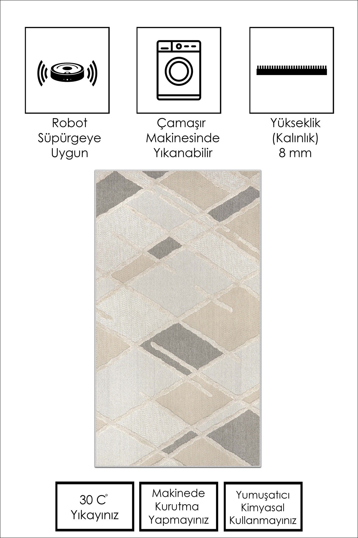 West Home Dijital Baskılı Yıkanabilir Kaymaz Taban Salon, Mutfak ve Yolluk Halısı-590 White