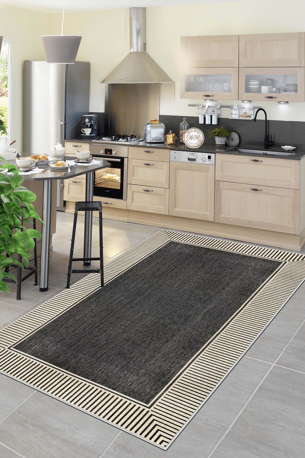 West Home Dijital Baskılı Yıkanabilir Kaymaz Taban Salon, Mutfak ve Yolluk Halısı-592 Black