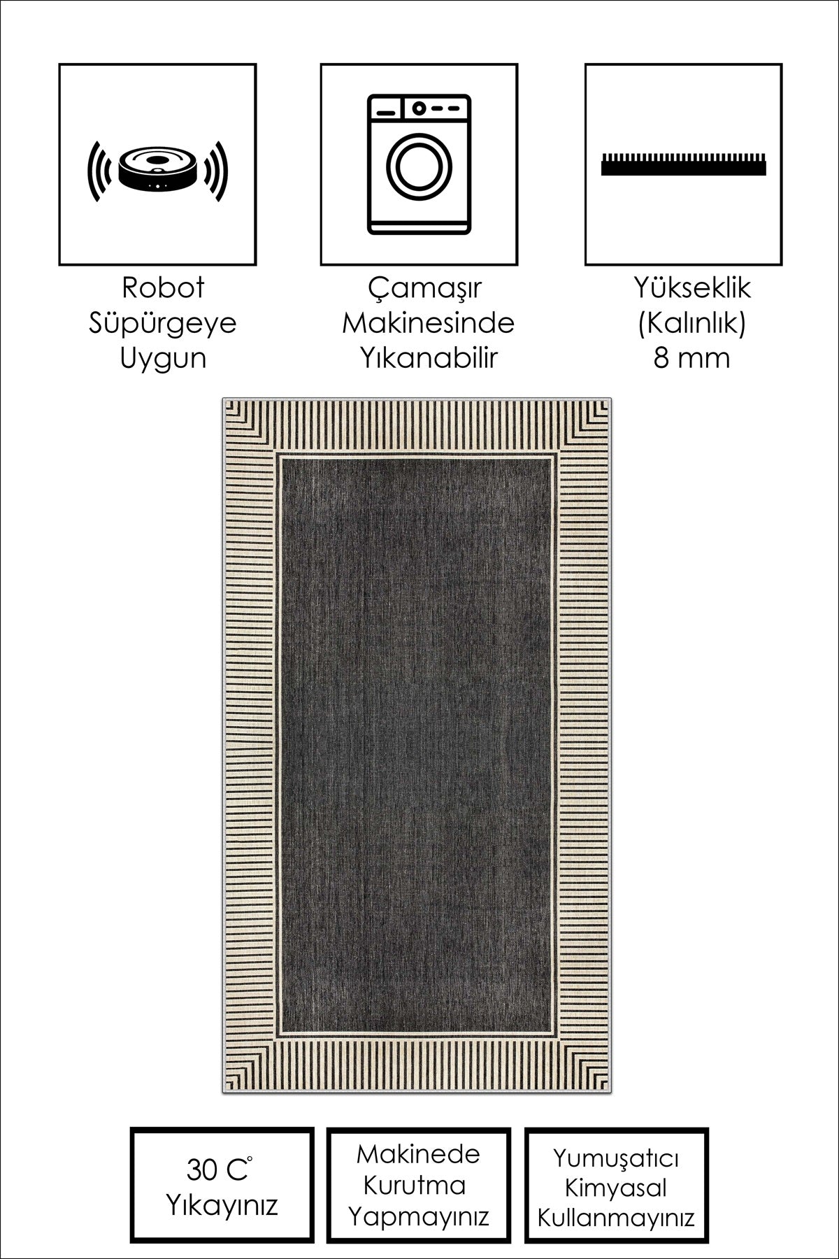 West Home Dijital Baskılı Yıkanabilir Kaymaz Taban Salon, Mutfak ve Yolluk Halısı-592 Black