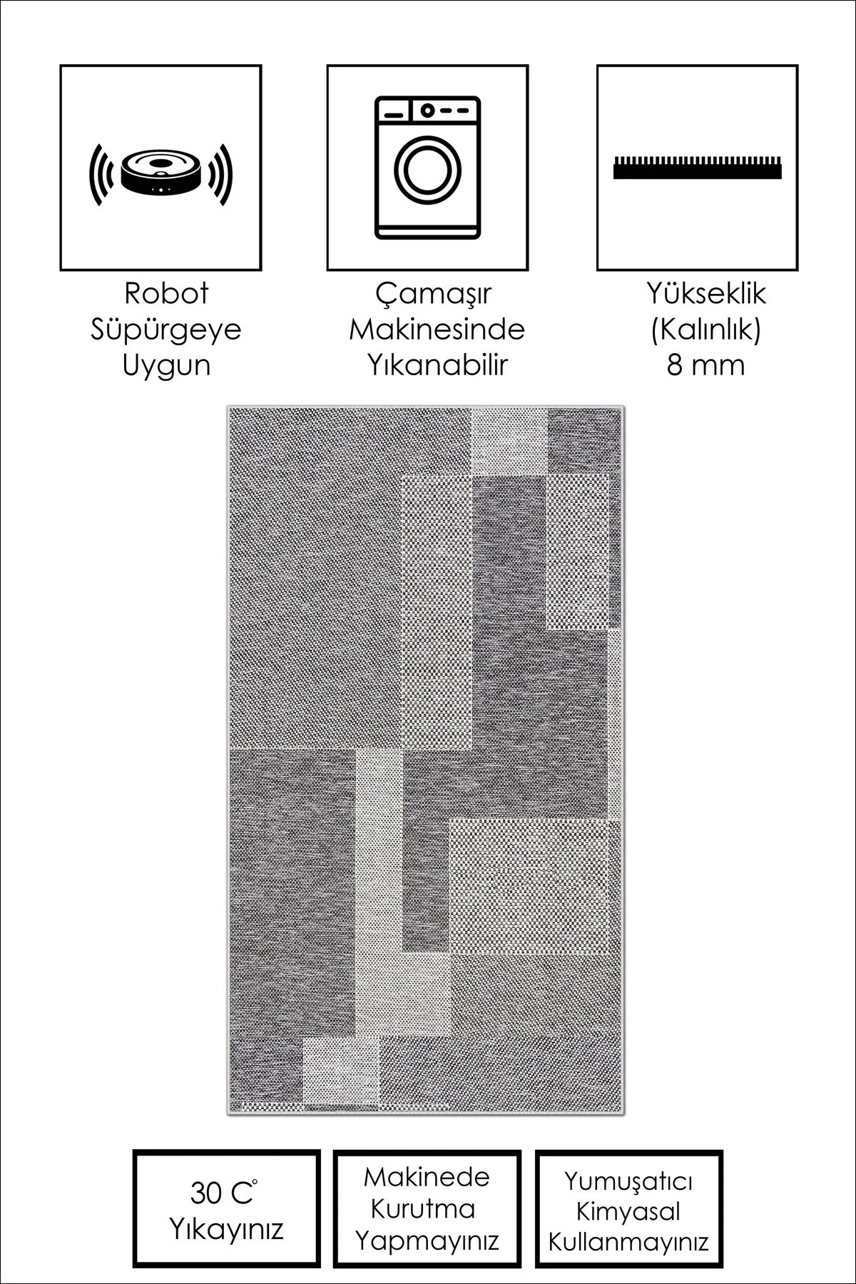 West Home Dijital Baskılı Yıkanabilir Kaymaz Taban Salon, Mutfak ve Yolluk Halısı-593 Grey