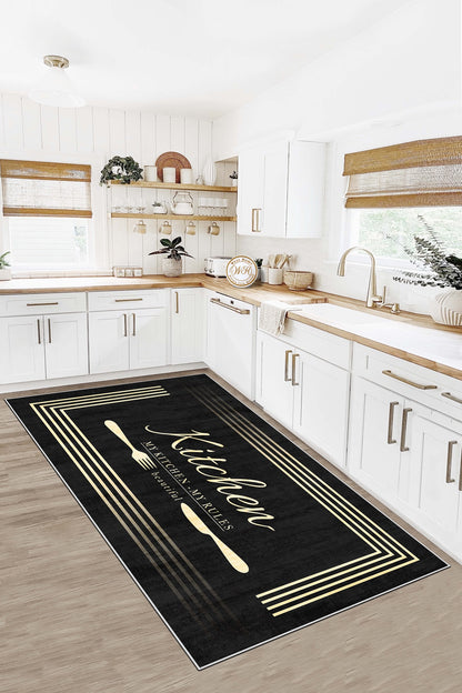 West Home Dijital Baskılı Yıkanabilir Kaymaz Taban Mutfak Halısı-595 Black