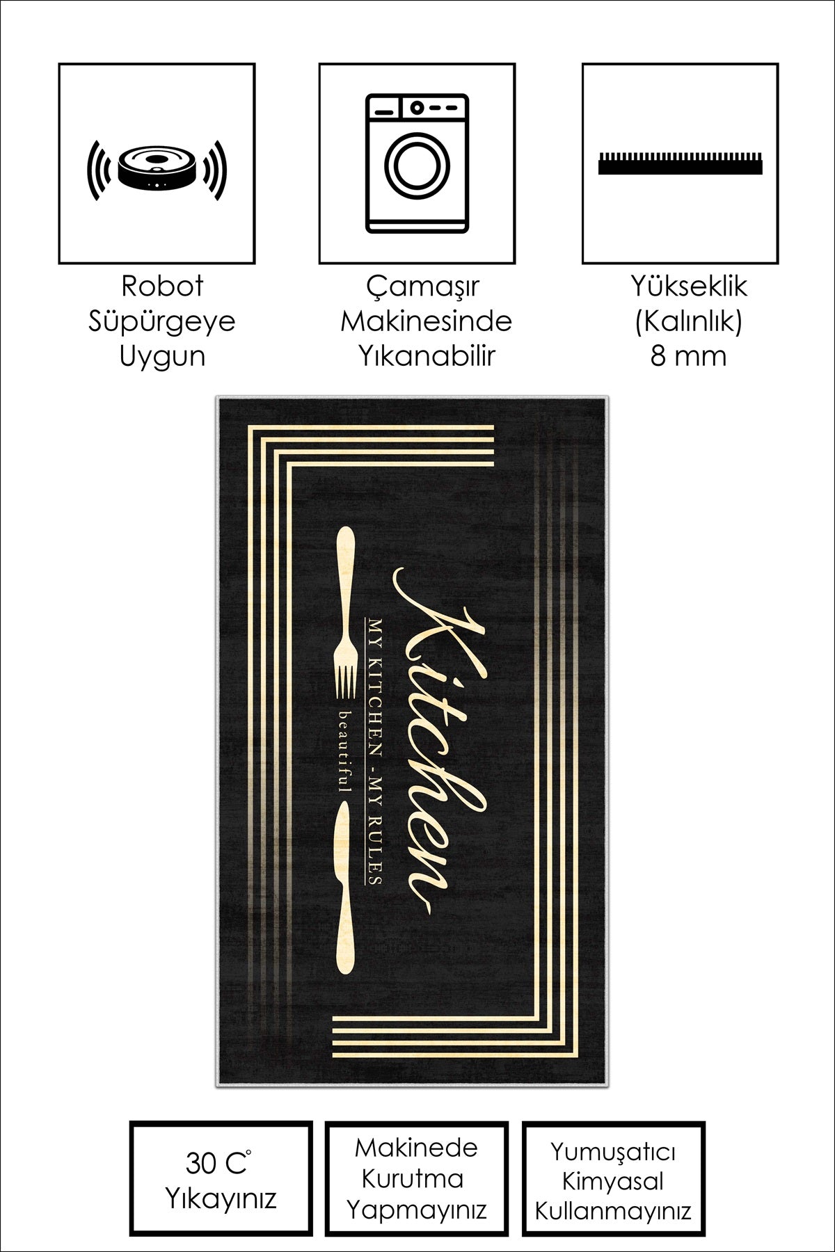 West Home Dijital Baskılı Yıkanabilir Kaymaz Taban Mutfak Halısı-595 Black