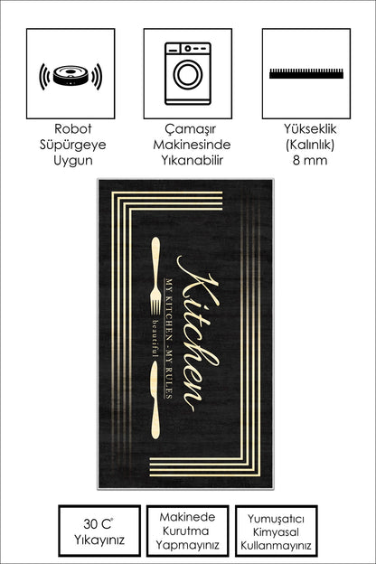 West Home Dijital Baskılı Yıkanabilir Kaymaz Taban Mutfak Halısı-595 Black