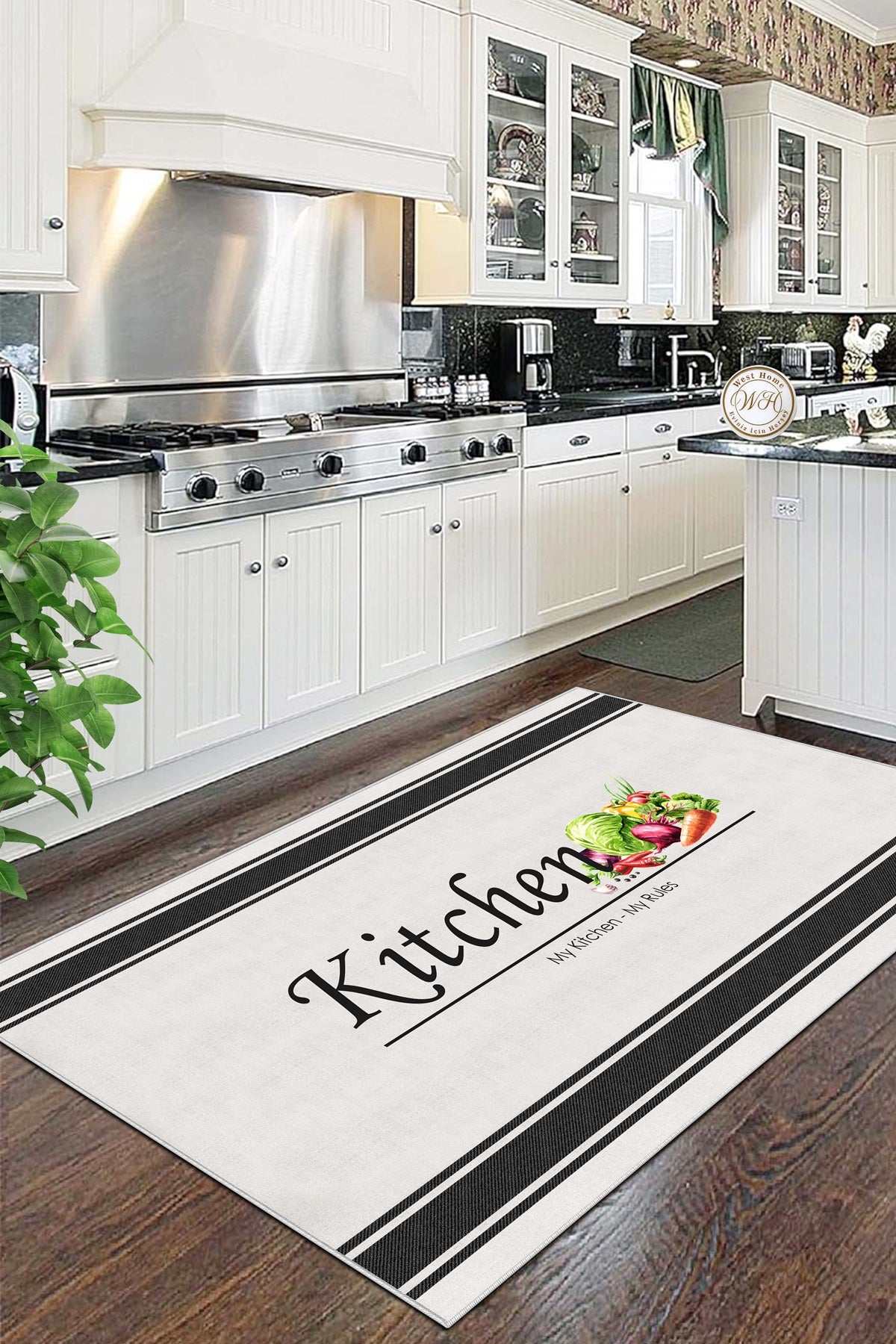 West Home Dijital Baskılı Yıkanabilir Kaymaz Taban Mutfak Halısı-597 White