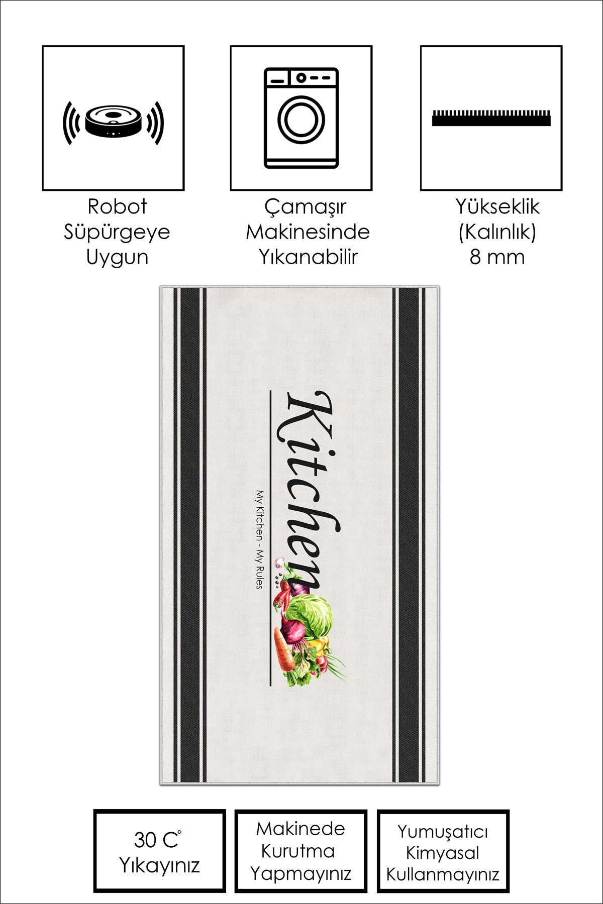 West Home Dijital Baskılı Yıkanabilir Kaymaz Taban Mutfak Halısı-597 White