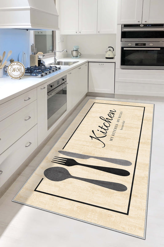 West Home Dijital Baskılı Yıkanabilir Kaymaz Taban Mutfak Halısı-599 Beige