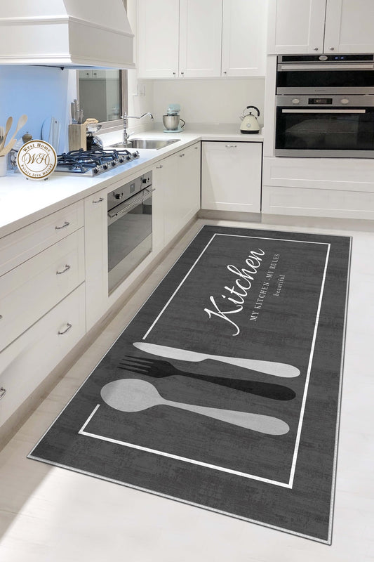 West Home Dijital Baskılı Yıkanabilir Kaymaz Taban Mutfak Halısı-599 Grey