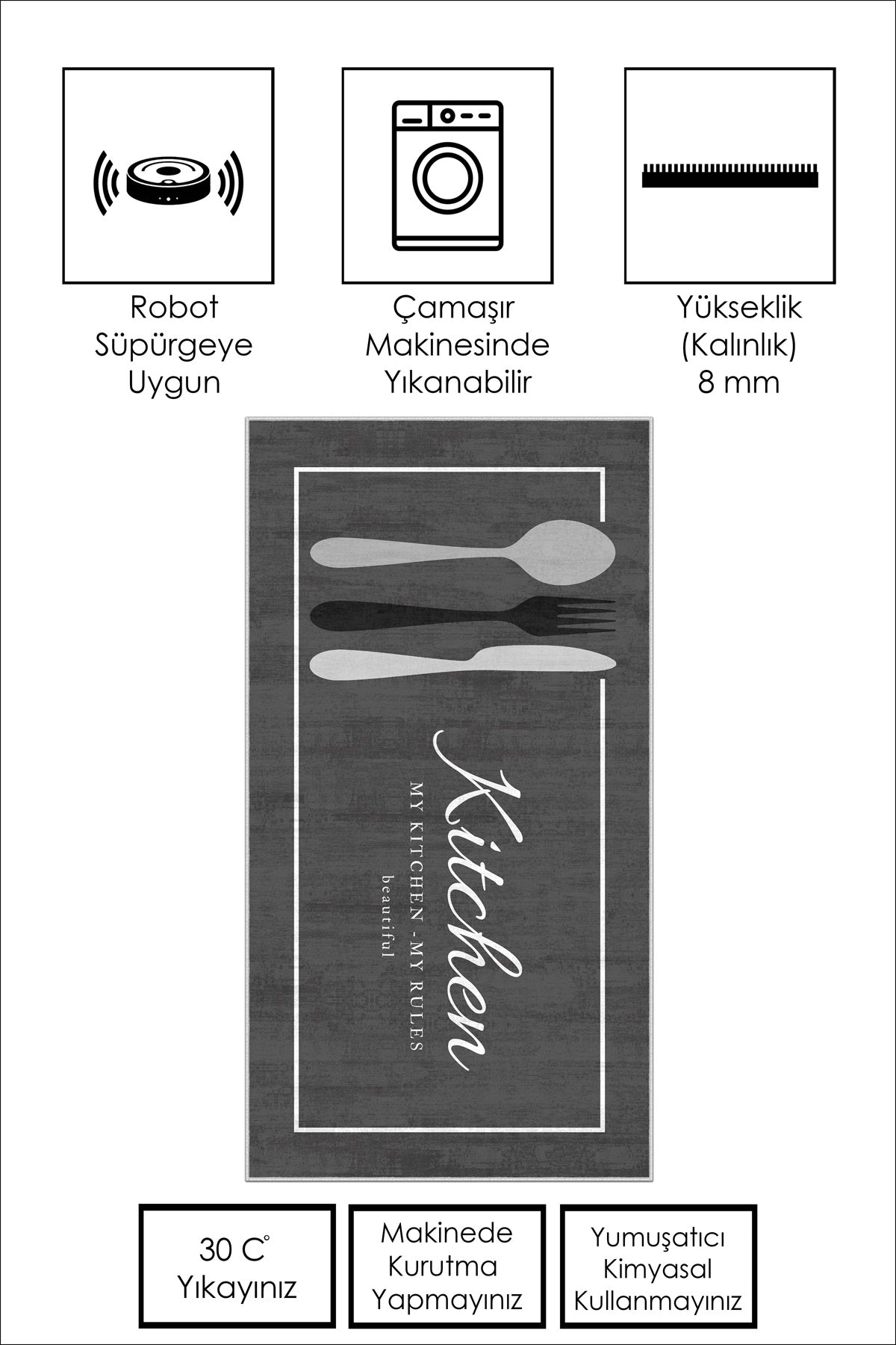 West Home Dijital Baskılı Yıkanabilir Kaymaz Taban Mutfak Halısı-599 Grey
